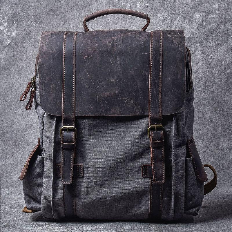 Cool Canvas Leather Mens Womens 15" Khaki Backpack Gray Travel Backpack College Backpack for Men