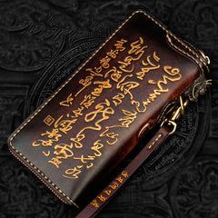 Handmade Leather Tooled Long Chinese Dragon Mens Chain Biker Wallet Cool Leather Wallet With Chain Wallets for Men