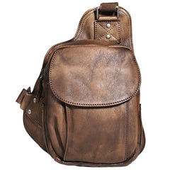 Brown MENS Vintage LEATHER Sling Bag Chest Bag Gray One Shoulder Backpack For Men