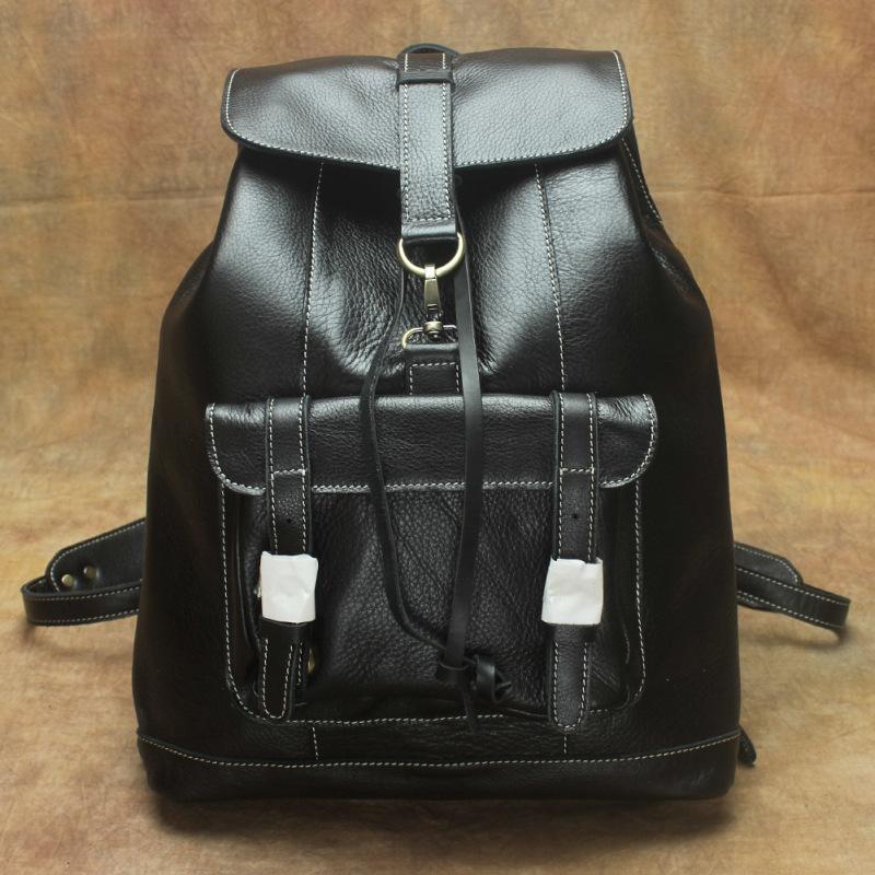 Vintage Lambskin Brown Leather Men's 14'' Laptop Backpack Black Satchel Backpack For Men