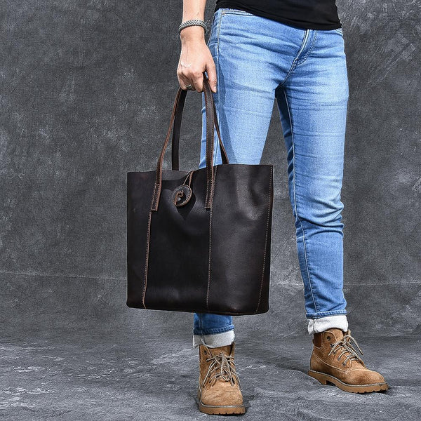 Leather Mens Womens 13" Large Shoulder Bag Vintage Coffee Tote Bag Large Side Bag For Men