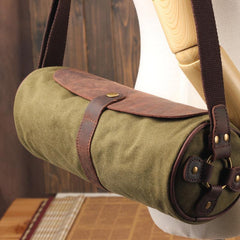 Gray Canvas Leather Mens Green Barrel Postman Bag Bucket Messenger Bag Side Bag For Men