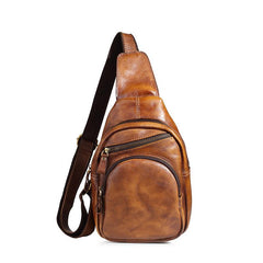 Tan Cool LEATHER MENS 8 inches Sling Bag One Shoulder Backpack Brown Chest Bag For Men