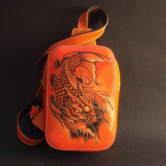 Cool Handmade Tooled Leather Dragon Carp Sling Bag Chest Bag One Shoulder Backpack For Men