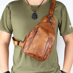 Cool Brown MENS LEATHER Sling Bag Chest Bag Coffee One Shoulder Backpack For Men