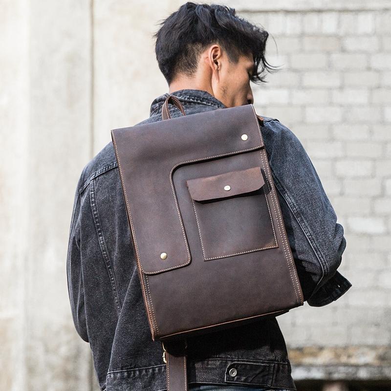 Black Leather Men's 13 inches Large Work Computer Backpack Black Large – iChainWallets