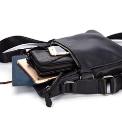 Black Soft Leather Mens 10 inches Vertical Postman Bag Black Messenger Bags Side Bag for Men