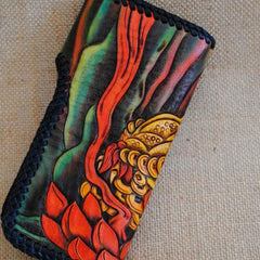 Handmade Mens Tooled Golden Toad Long Leather Chain Wallet Biker Trucker Wallet with Chain