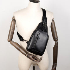 Cool Black Leather Mens Sling Bags Crossbody Pack Black Chest Bags Sling Pack for men