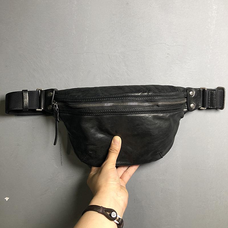 Black Cool Leather Men Small Fanny Pack Waist Bag Hip Pack Tan Belt Bag Bumbag for Men