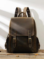 Dark Brown Cool Mens 15 inches Leather Computer Backpacks Travel Backpacks Laptop Backpack for men