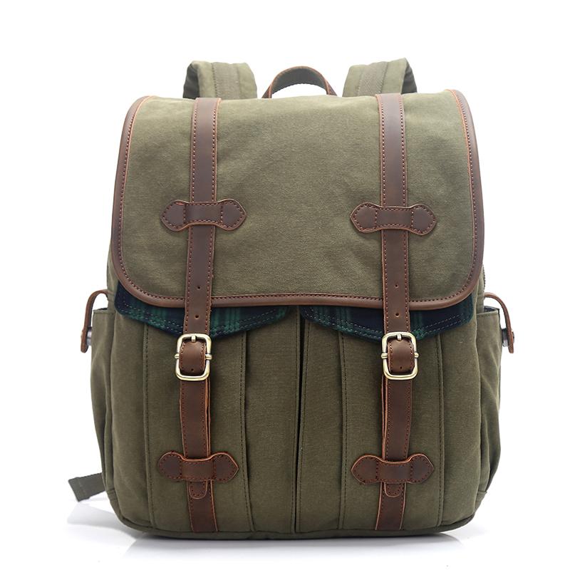 Canvas Leather Mens 15" Green Backpack Computer Backpack Luggage Backpack for Men