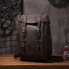 Coffee Cool Mens Leather Hiking Backpack Large Travel Backpack Leather Backpack for Men