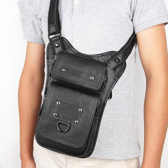 Black Leather Men's Sling Bag Shoulder Bag Chest Bag One Shoulder Backpack For Men