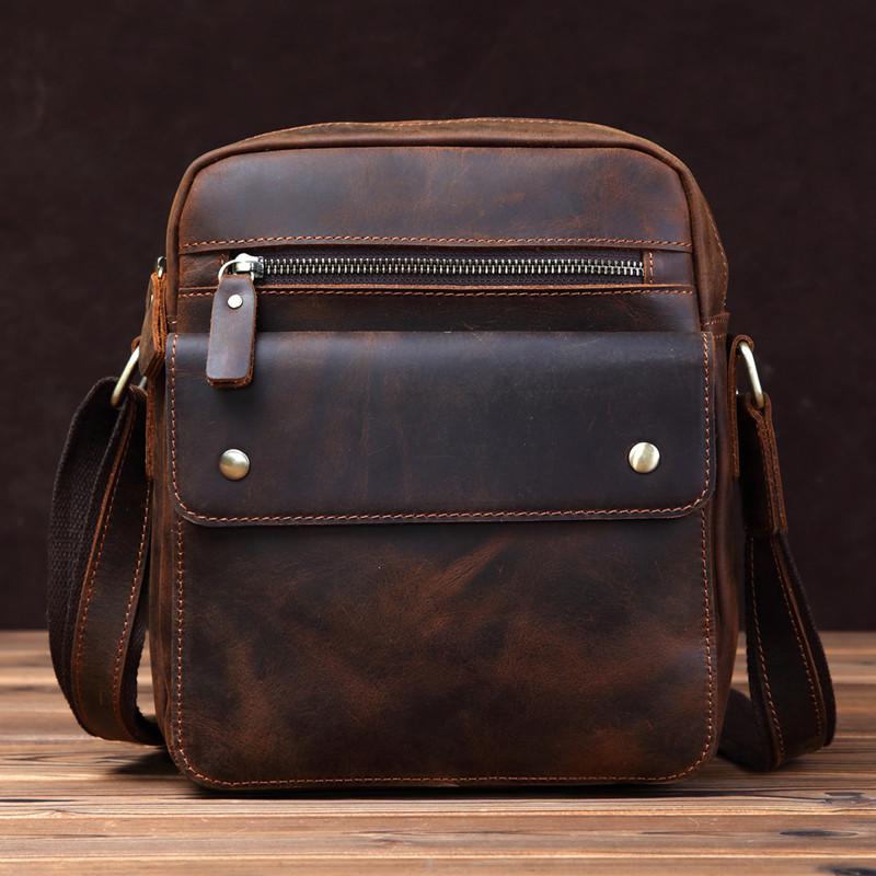 Vintage Brown Leather Messenger Bag Men's Vertical Side Bag Small Vert ...