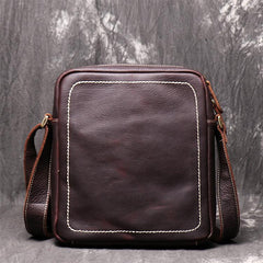 Black Cool Leather 10 inches Small Zipper Messenger Bag Vertical Shoulder Bag Dark Brown Side Bag For Men
