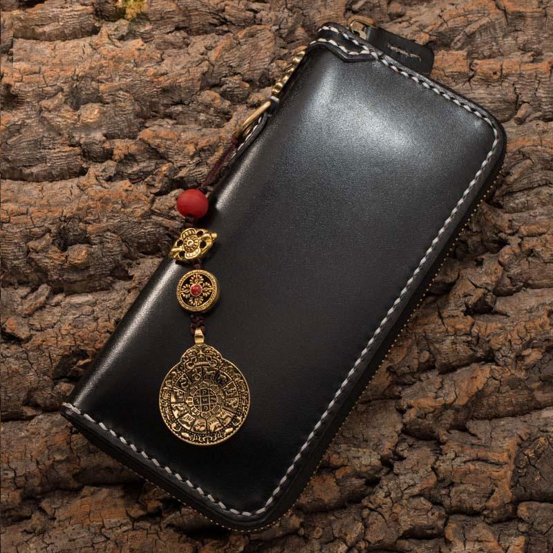 Handmade Leather Mens Chain Biker Wallet Cool Leather Wallet Long Phone Wallets for Men