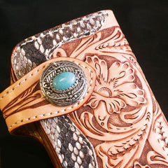 Handmade Mens Cool Tooled Long Boa Skin Floral Leather Chain Wallet Biker Trucker Wallet with Chain