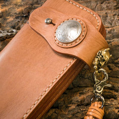 Handmade Leather Mens Cool Brown Long Chain Wallet Biker Trucker Wallet with Chain