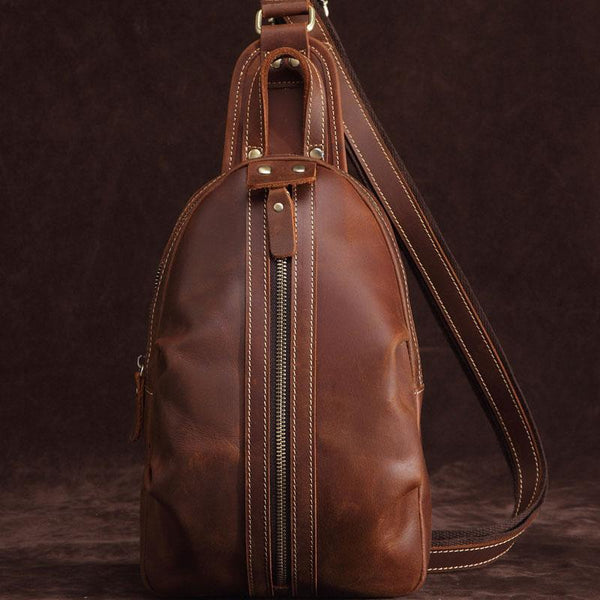 Cool Dark Brown Mens Leather One Shoulder Backpack Chest Bag Sling Bag For Mens