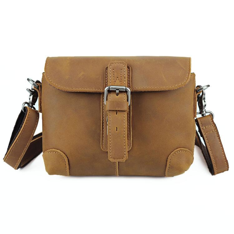 Cool Brown Leather Men's 8 inches Postman Bag Camel Belt Bag Courier Messenger Bag For Men