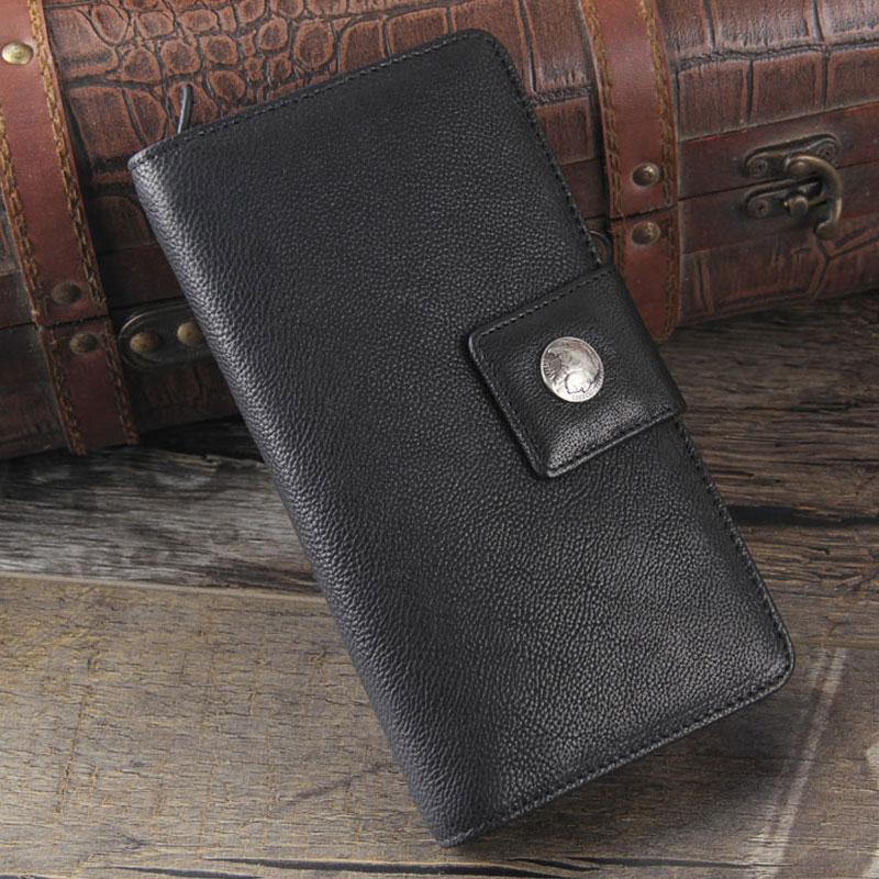 Genuine Leather Mens Cool Long Leather Wallet Cards Clutch Wristlet Wallet for Men