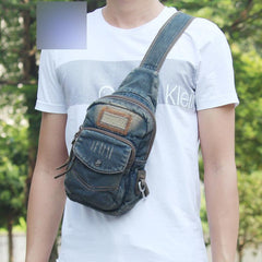 Fashion Denim Blue Mens Sling Bag Chest Bags Denim Sling Pack One Shoulder Backpacks For Men