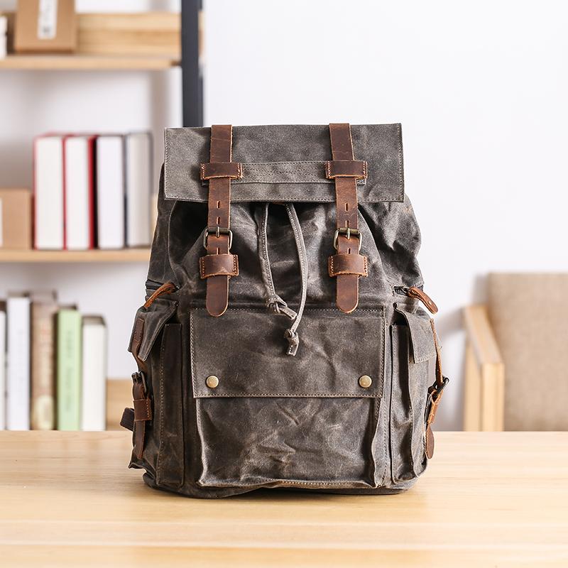 Waxed Canvas Leather Mens Gray Waterproof 15‘’ Large Backpack Travel Backpack College Backpack for Men