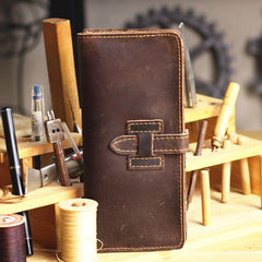 Handmade Dark Brown Leather Mens Bifold Long Wallet Cards Long Wallet For Men