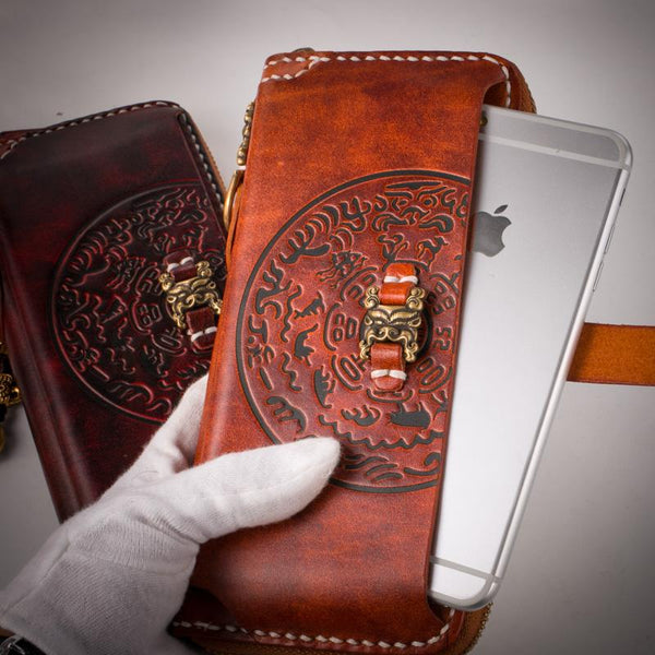 Handmade Leather Mens Chain Biker Wallet Cool Leather Wallet Long Phone Wallets for Men