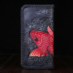 Handmade Leather Mens Clutch Wallet Tooled Cool Carp Wallet Long Zipper Wallets for Men