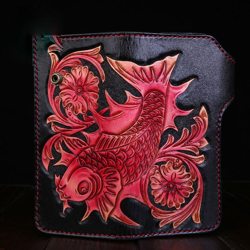 Handmade Mens Cool Tooled Long Carp Leather Chain Wallet Biker Trucker Wallet with Chain