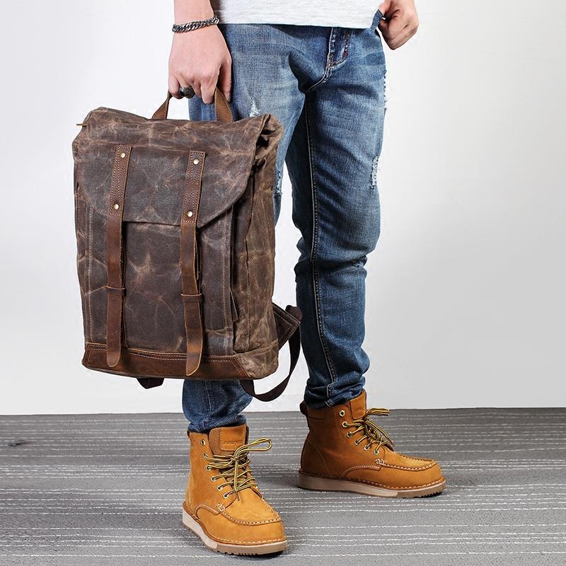 Casual Men's Waxed Canvas Brown School Travel Backpack Laptop Backpack For Men