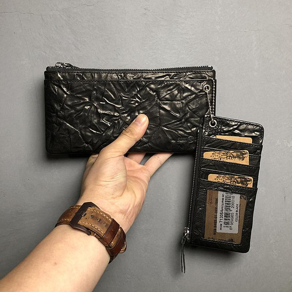 Cool Leather Mens Black Zipper Wallet Long Leather Wallet Clutch Wristlet Wallet for Men