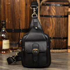 Black Leather Mens Cool Sling Bag Sling Pack Black Crossbody Packs Chest Bags for men