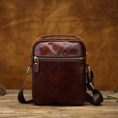 Vintage Black Leather Men's Small Vertical Side Bag Brown Shoulder Bag Handbag For Men