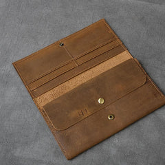 Brown Leather Mens Long Wallet Long Bifold Card Wallet For Men