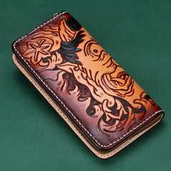 Handmade Leather Mens Clutch Wallet Cool Buddha&Demon Tooled Wallet Long Zipper Wallets for Men