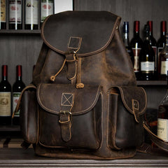 Fashion Brown Mens Leather 15inches Large Backpacks Travel Backpacks School Backpacks for men