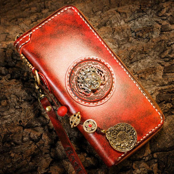 Handmade Leather Mens Chain Biker Wallet Cool Leather Wallet Long Phone Wallets for Men