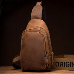 Cool Dark Brown Leather Mens Cool Sling Bag Crossbody Pack Brown Chest Bag Sling Pack for men