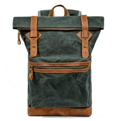 Waxed Canvas Leather Mens 15'' Hiking Green Backpack Black Computer Backpack Travel Backpack for Men