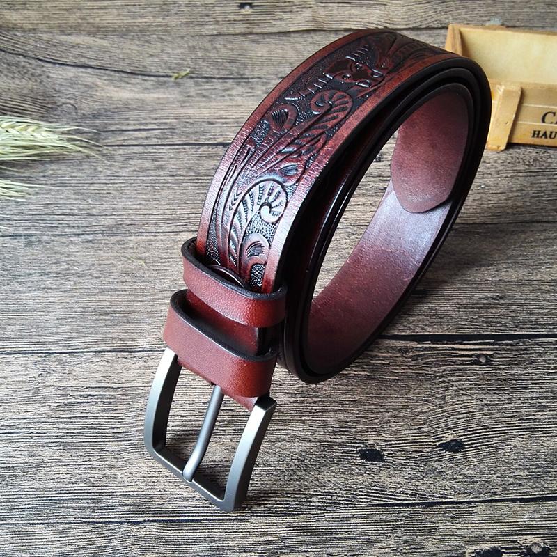 Cool Handmade Brown Floral Tooled Leather Mens Belt Coffee Leather Belts for Men