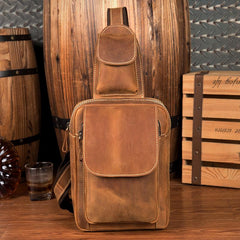 Cool Brown Leather Mens One Shoulder Backpack Sling Bag Brown Crossbody Pack Chest Bag for men