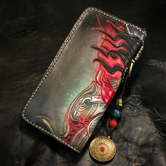 Handmade Leather Tooled Mah¨¡k¨¡la Mens Chain Biker Wallet Cool Leather Wallet Long Clutch Wallets for Men