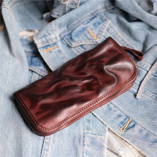 Cool Mens Leather Zipper Long Clutch Wallet Zipper Vintage Long Wallet For Men