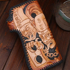 Handmade Mens Cool Tooled Long Zhong Kui demon Leather Chain Wallet Biker Trucker Wallet with Chain