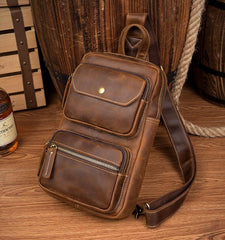 Cool Brown Leather Mens Sling Pack Sling Bags Coffee Crossbody Pack Chest Bag for men