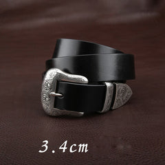 Handmade Black Leather Women Belt Slim Floral-Embossed Western Mens Silver Leather Belt for Men