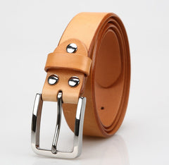 Handmade Beige Leather Slim Belts Minimalist Mens Silver Beige Leather Belts for Men